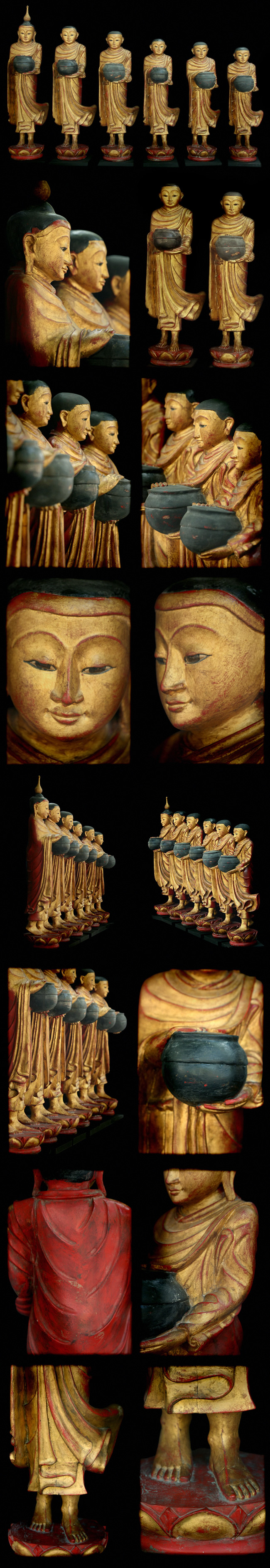 Extremely Rare Set Of 19C Wood Burmese Shan Buddhist Monks #038-1S