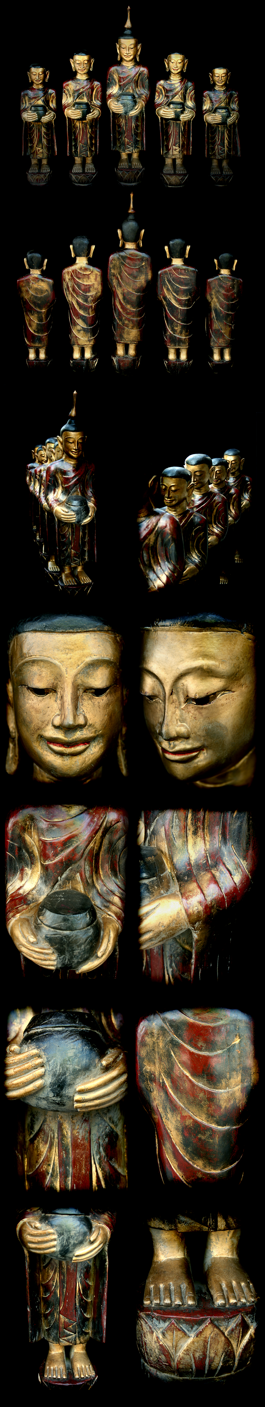 19C Burmese Wood Buddhist Monks Set #090-2