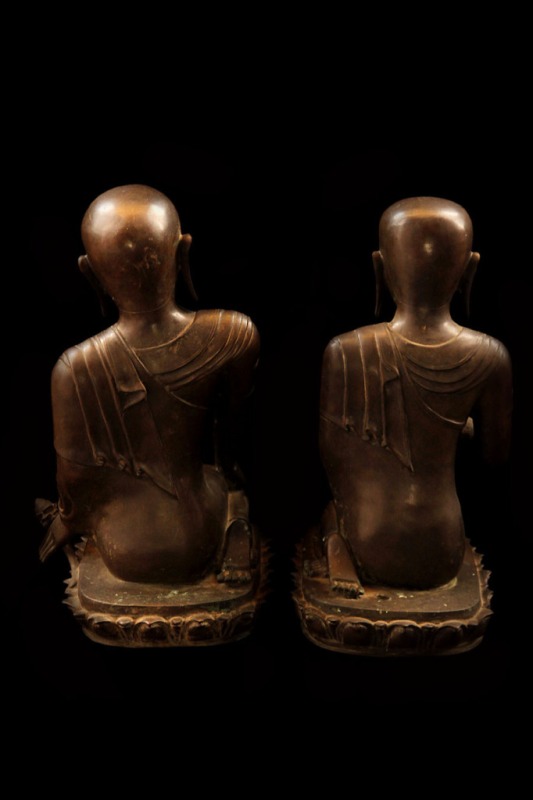 Pair Of 19C Bronze Burmese Buddhist Monks #BB135