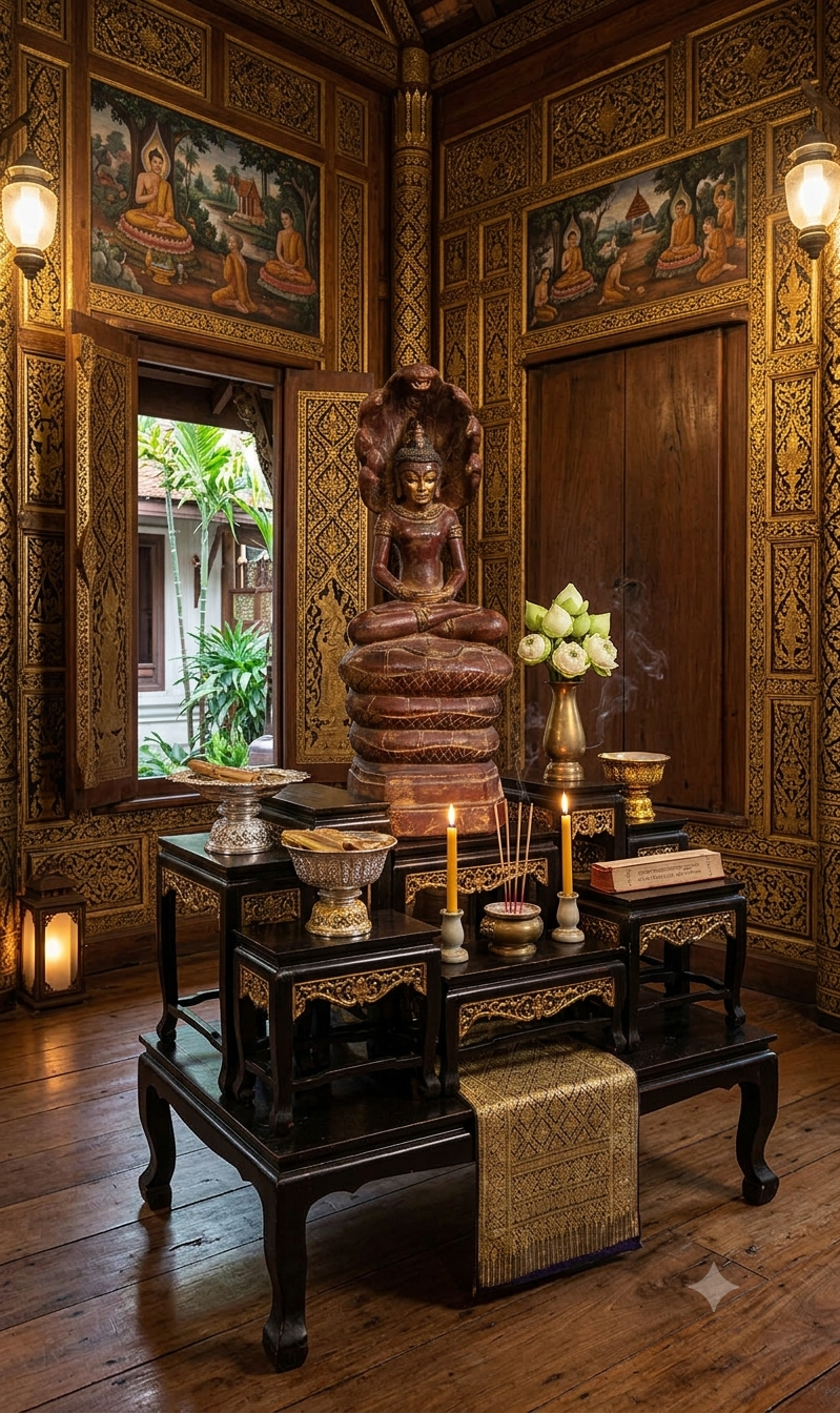 An ornate, traditional Thai-style prayer room with intricately carved teakwood walls adorned with gold stencils and Buddhist mural paintings. In the center, the antique Burmese Naga Buddha statue is elegantly enshrined on a multi-tiered black and gold altar (Dtai Moo Bucha). The sacred setting is dressed with a gold brocade runner, fresh white lotus buds in a brass vase, burning incense, and lit candles, creating a serene and spiritual atmosphere.