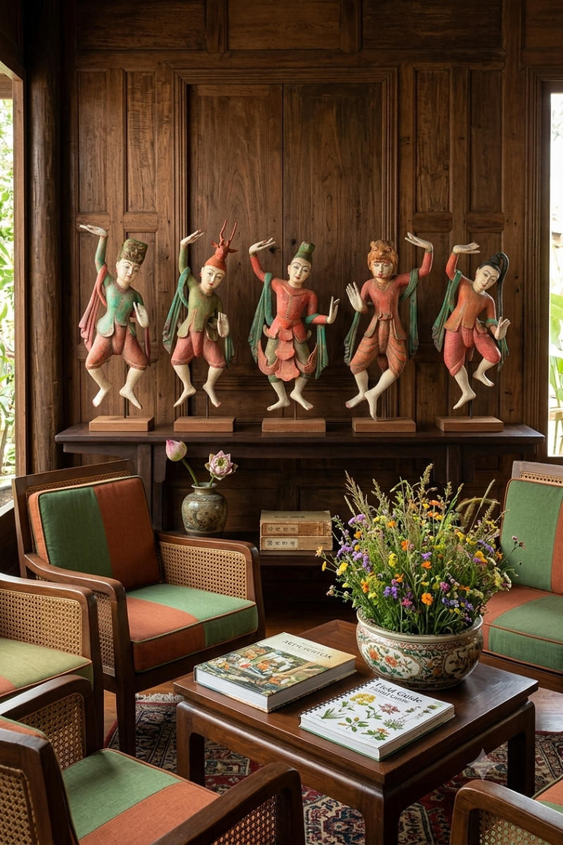 A row of five hand-carved, painted wooden Burmese Nat spirit figures mounted on stands, arranged along a dark wood sideboard. Set in a warm, traditional Southeast Asian room with teak paneled walls, woven cane armchairs with green and orange cushions, and coffee tables displaying fresh wildflowers and art books