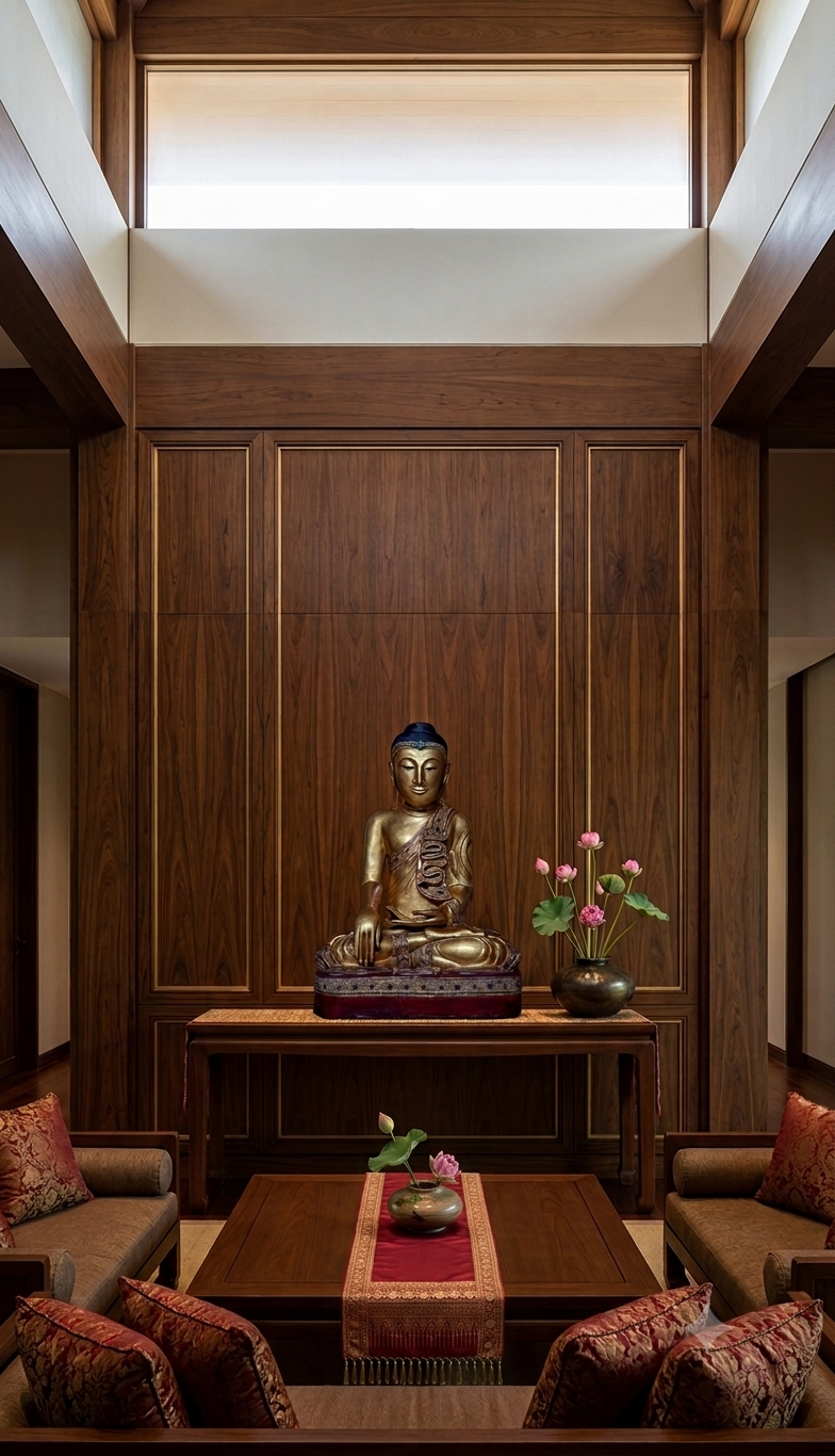 Golden Buddha statue on display in an elegant, wood panelled interior setting