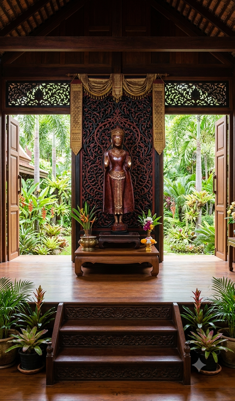 A standing wooden Buddha statue on a low table in a traditional wooden pavilion with carved panels, flanked by open doors leading to a lush tropical garden