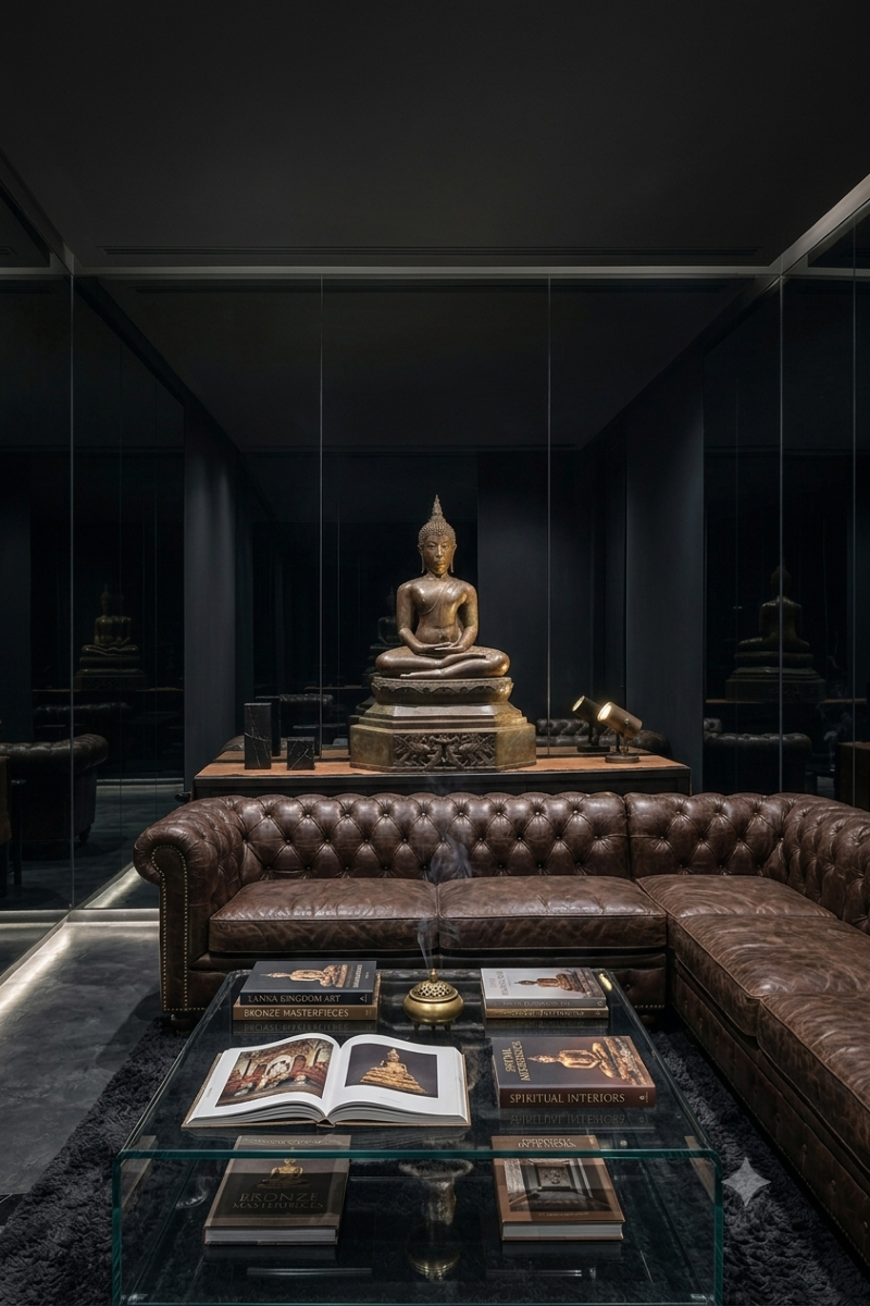 Bronze seated Buddha statue centered in a dark, luxury modern room behind a leather Chesterfield sofa, reflected in mirrored walls