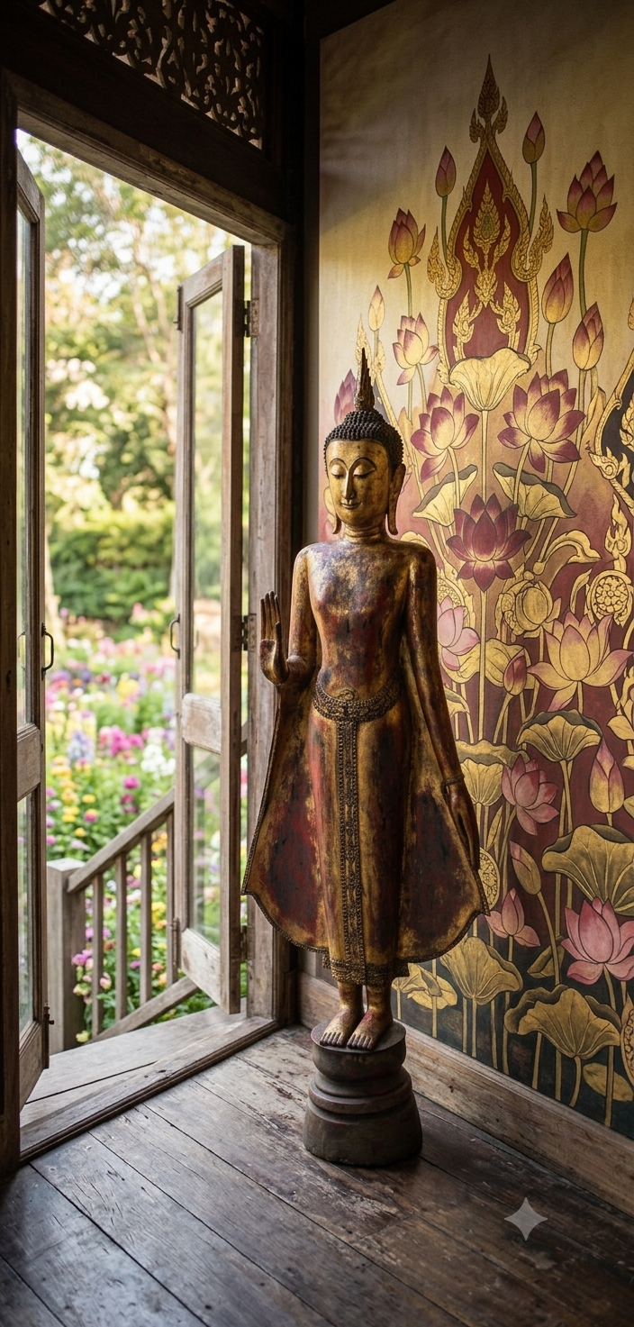 A tall, gilded antique standing Buddha statue with one hand raised in a gesture of protection, set on a dark wooden floor next to an open doorway. The doors open out onto a sunlit garden, and behind the statue is a detailed wall mural featuring pink and gold lotus flowers and traditional Thai floral motifs on a dark background.