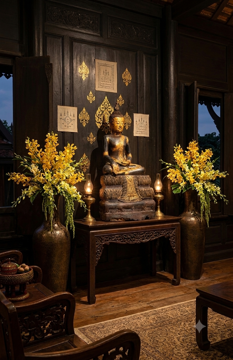 A wood seated Buddha statue displayed on a wooden altar table flanked by large yellow orchid arrangements in a dark wood interior.
