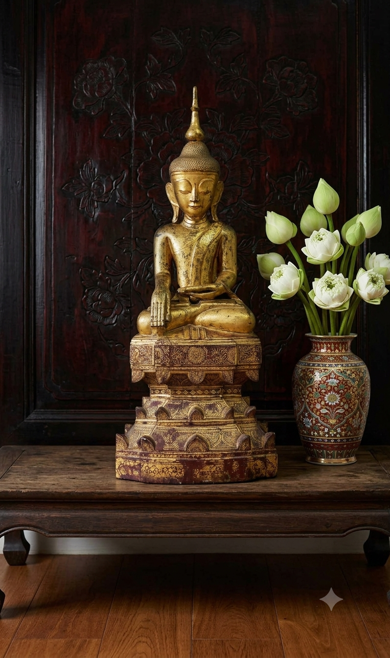 A gilded Buddha statue in the Bhumisparsha Mudra (earth-touching gesture) seated on a tall, intricately carved multi-tiered pedestal, placed on a wooden table alongside a decorative vase filled with white lotus blossoms.