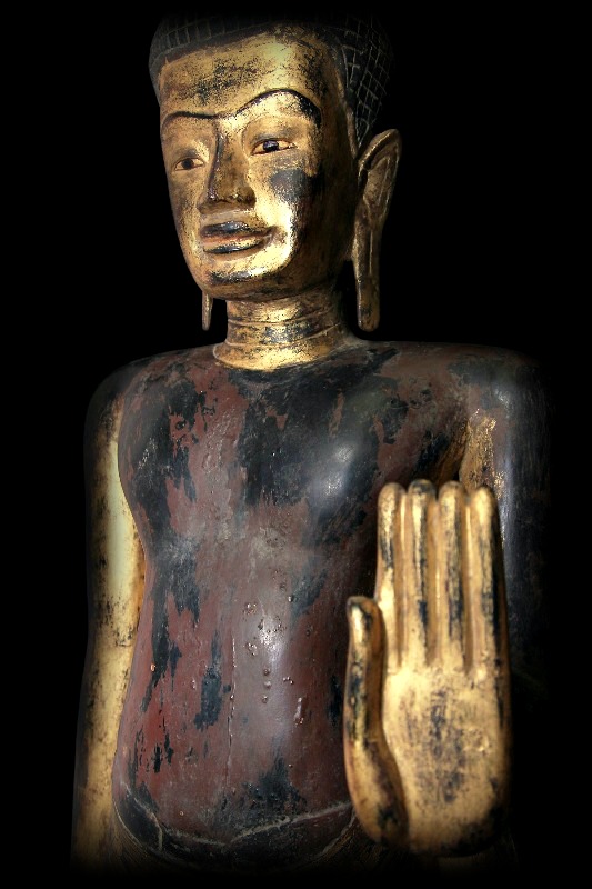 Extremely Rare 18C Wood Standing Cambodia Buddha # AL.167