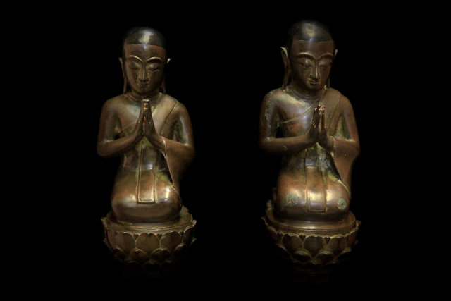 Extremely Rare 19C Pair Of Bronze Burmese Monks #BB119
