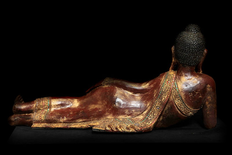 Fantastic 19C Reclining Wood Mandalay Buddha #BB098