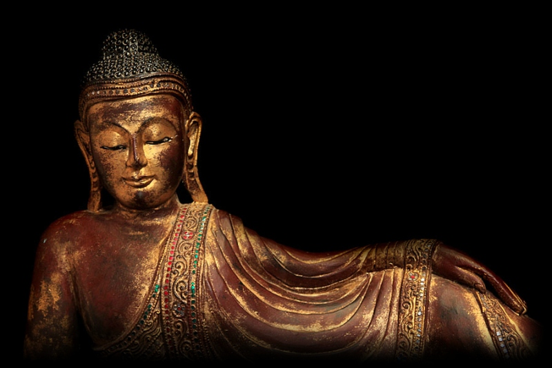 Fantastic 19C Reclining Wood Mandalay Buddha #BB098