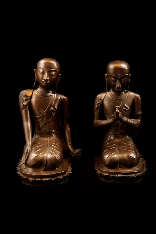 Pair Of 19C Bronze Burmese Buddhist Monks #BB135
