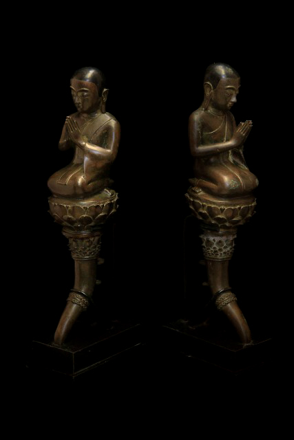 Extremely Rare 19C Pair Of Bronze Burmese Monks #BB119