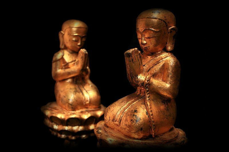 Extremely Rare 18C Pair Of Lacquer Burmese Monks #BB254