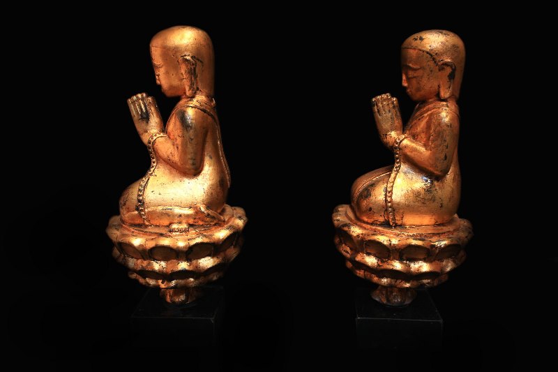 Extremely Rare 18C Pair Of Lacquer Burmese Monks #BB254