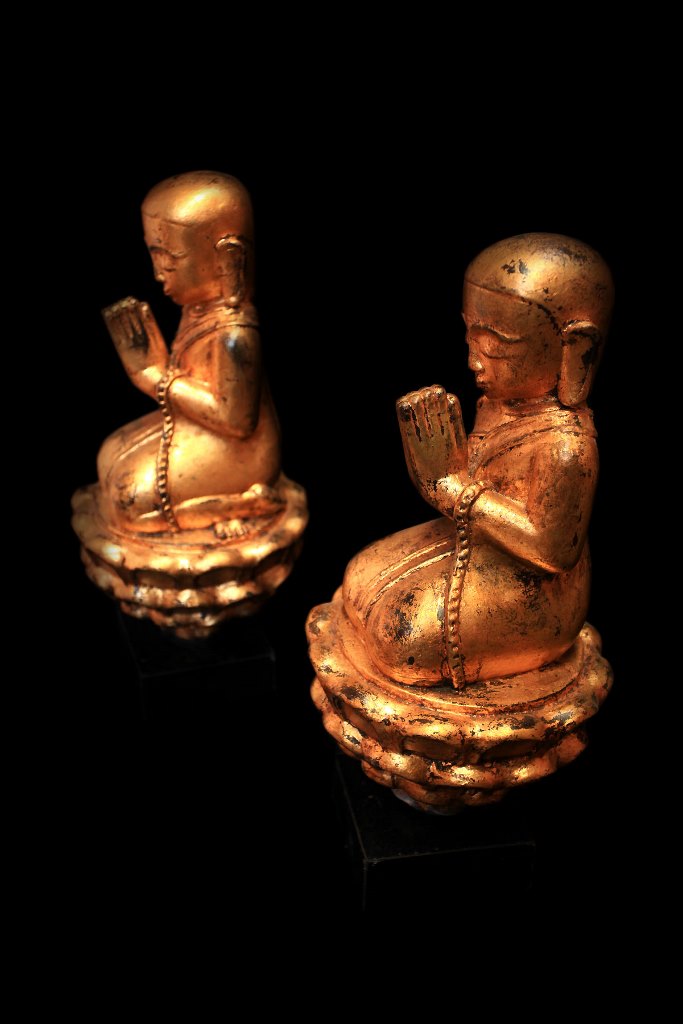 Extremely Rare 18C Pair Of Lacquer Burmese Monks #BB254