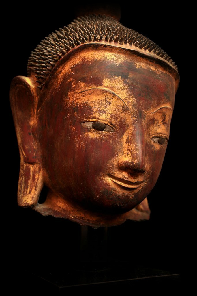 Extremely Rare 18C Lacquer Shan Burma Buddha Head #BB266