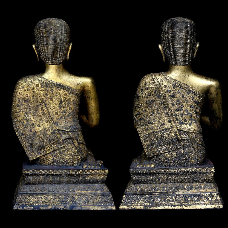 Pair Of 19C Bronze Thai Rattanakosin Buddhist Monks #HD397