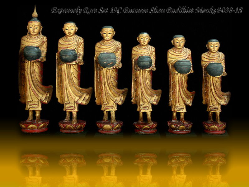 Extremely Rare Set Of 19C Wood Burmese Shan Buddhist Monks #038-1S