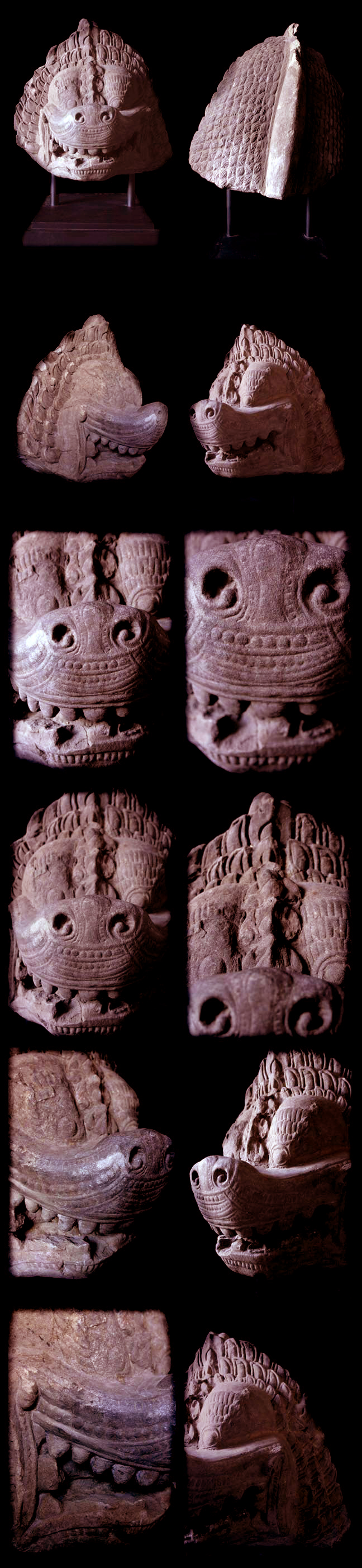 Extremely Rare 10C Sandstone Khmer Pair Of Guardian Lion Head #K.2604