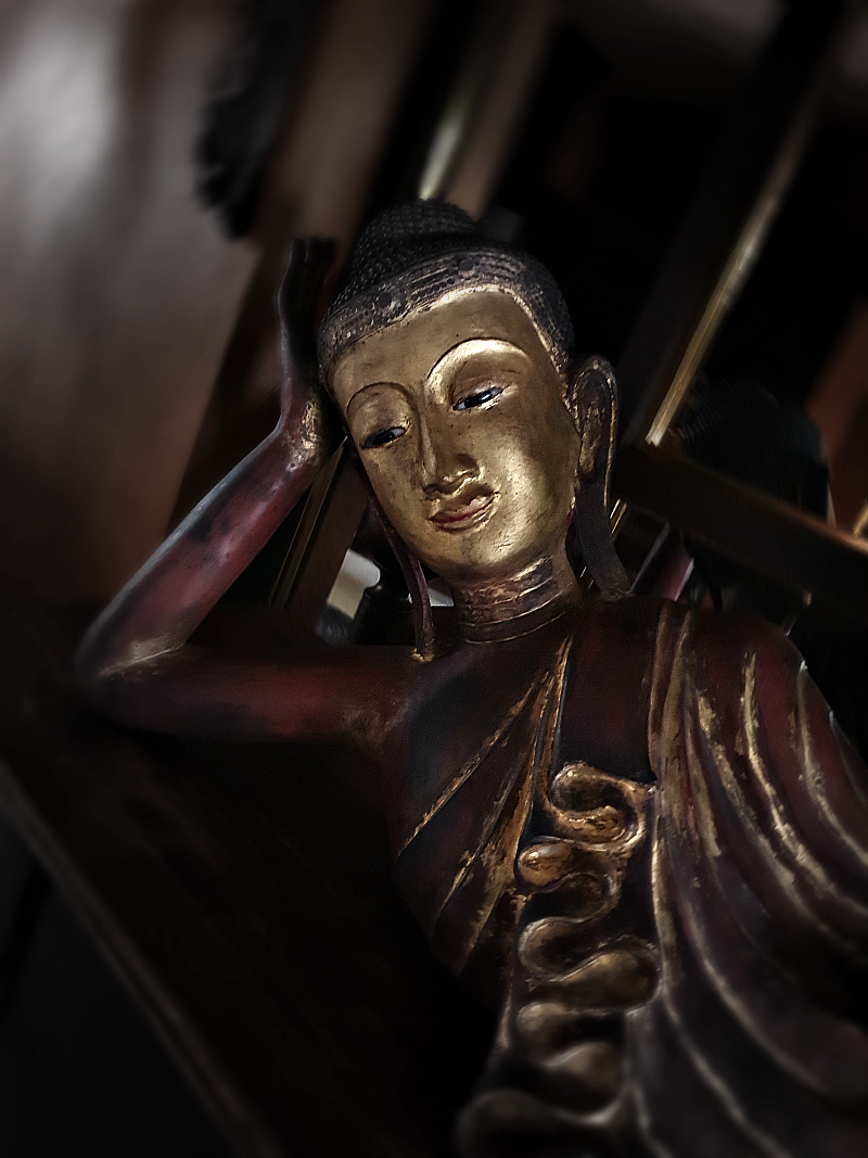 Extremely Rare 19C Reclining Wood Burmese Buddha #BB179