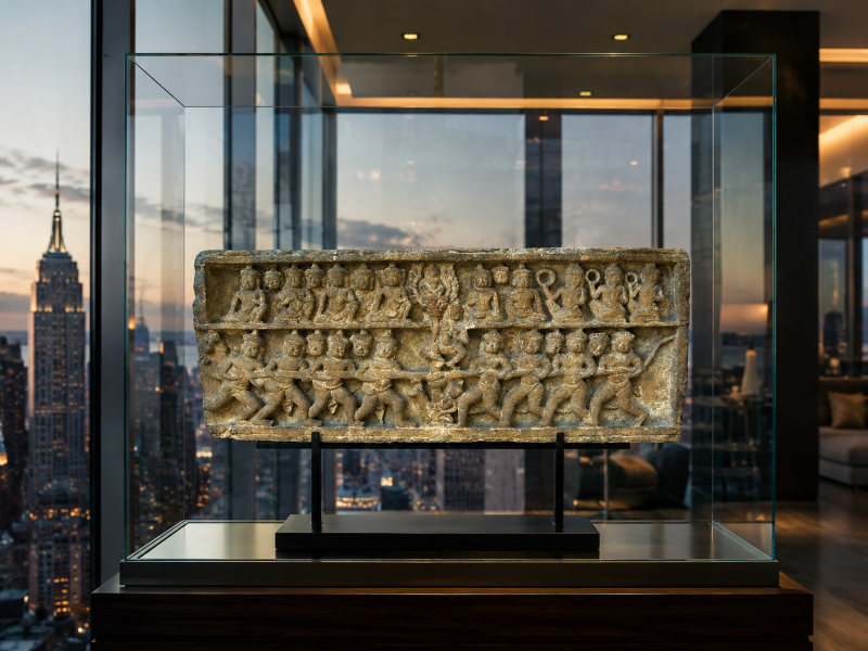Ancient Khmer sandstone relief displayed on a custom museum stand inside a glass showcase in a luxury modern apartment with floor-to-ceiling windows overlooking the New York skyline. The intricate carvings and warm stone texture create a striking contrast between timeless Southeast Asian heritage and contemporary architecture - #AC.504