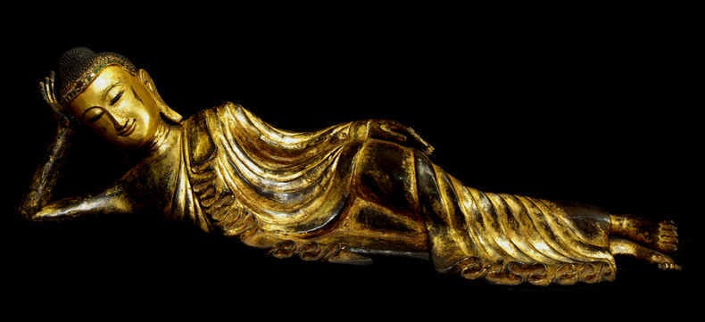 Extremely Rare 19C Reclining Wood Mandalay Buddha #B026-2
