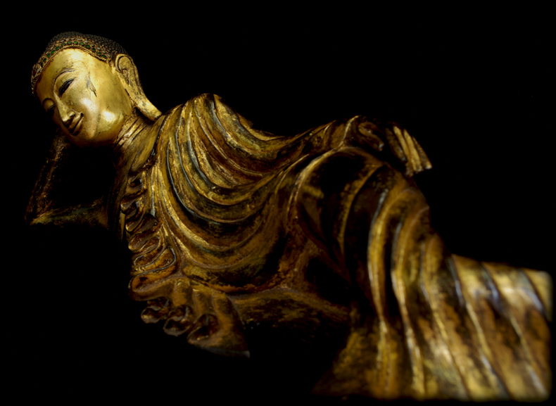 Extremely Rare 19C Reclining Wood Mandalay Buddha #B026-2