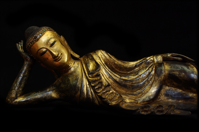 Extremely Rare 19C Reclining Wood Mandalay Buddha #B026-2