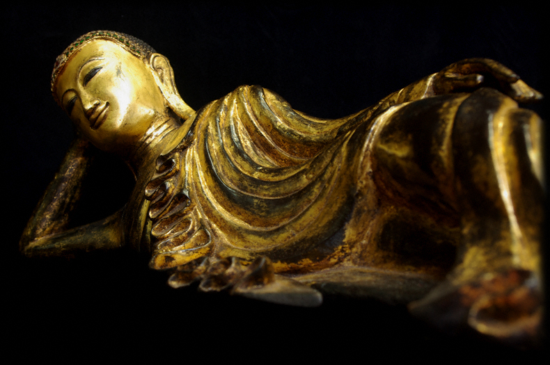 Extremely Rare 19C Reclining Wood Mandalay Buddha #B026-2