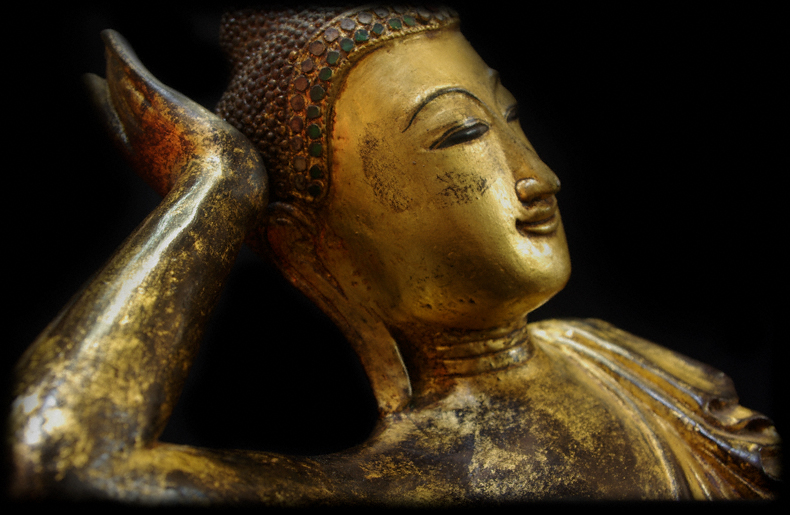 Extremely Rare 19C Reclining Wood Mandalay Buddha #B026-2