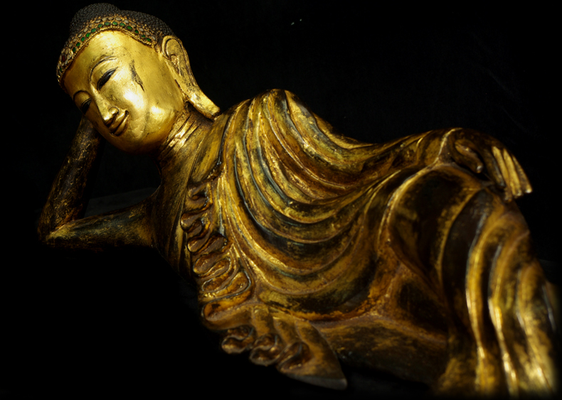 Extremely Rare 19C Reclining Wood Mandalay Buddha #B026-2