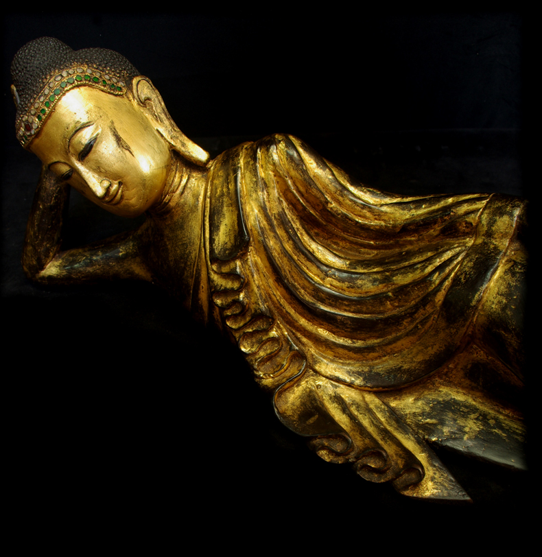 Extremely Rare 19C Reclining Wood Mandalay Buddha #B026-2