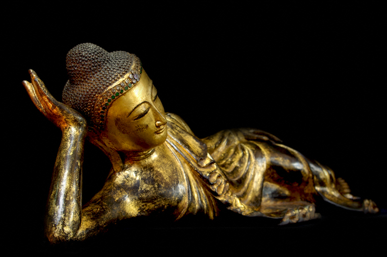 Extremely Rare 19C Reclining Wood Mandalay Buddha #B026-2