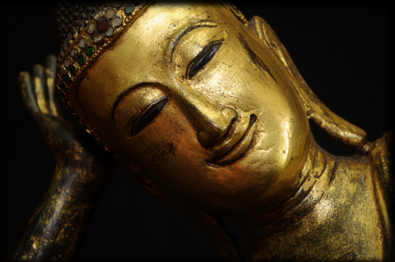 Extremely Rare 19C Reclining Wood Mandalay Buddha #B026-2