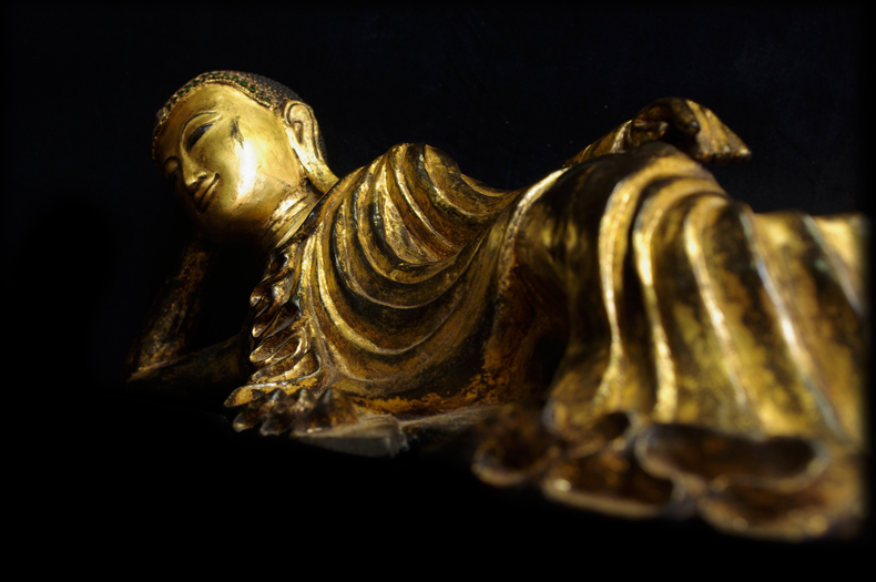 Extremely Rare 19C Reclining Wood Mandalay Buddha #B026-2