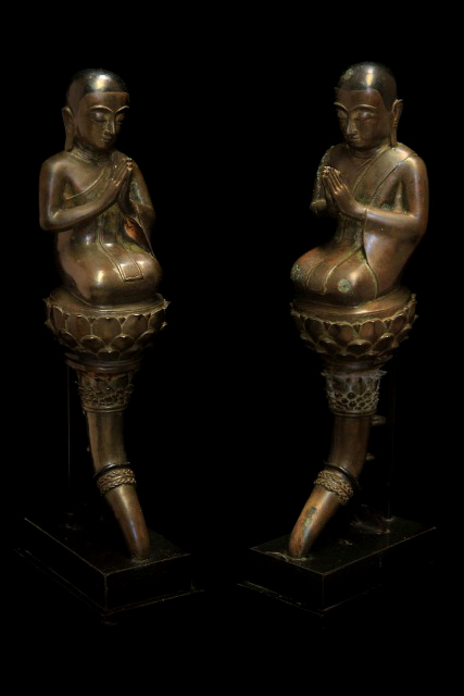 Extremely Rare 19C Pair Of Bronze Burmese Monks #BB119
