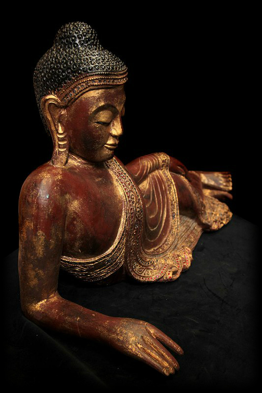 Fantastic 19C Reclining Wood Mandalay Buddha #BB098