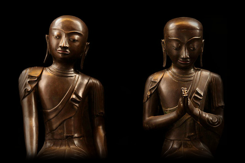 Pair Of 19C Bronze Burmese Buddhist Monks #BB135