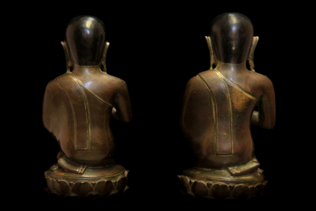 Extremely Rare 19C Pair Of Bronze Burmese Monks #BB119