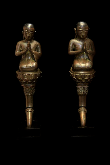 Extremely Rare 19C Pair Of Bronze Burmese Monks #BB119