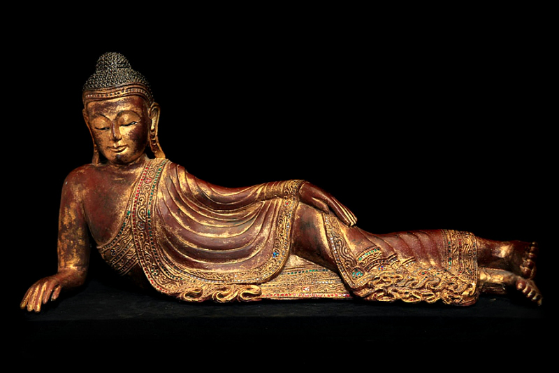 Fantastic 19C Reclining Wood Mandalay Buddha #BB098