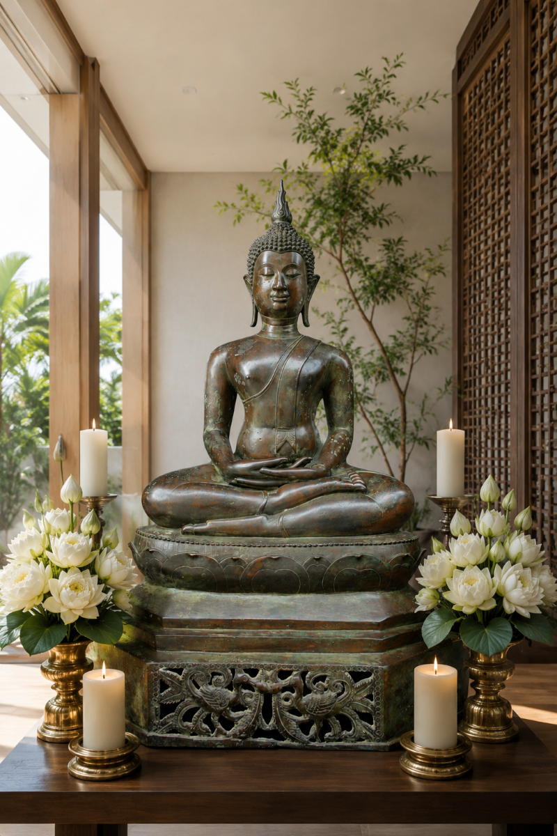 A bronze Thai-style Buddha statue in a meditative posture, resting on a carved pedestal. It is flanked by two white lotus flower arrangements and tall white candles, set in a bright room with modern wooden accents and large glass windows revealing green foliage outside.