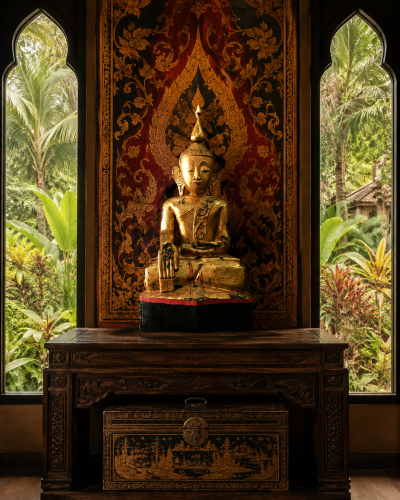 Gilded seated Buddha statue displayed on a dark carved wooden table against an ornate red and gold backdrop framed by arched windows