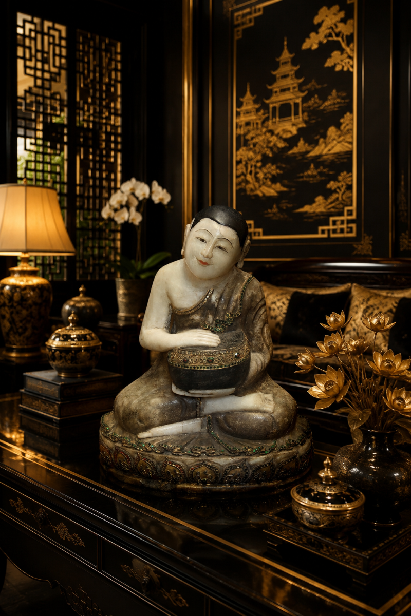 "White marble and gilded Burmese Phra Upagupta statue holding an alms bowl in a dark luxury room."