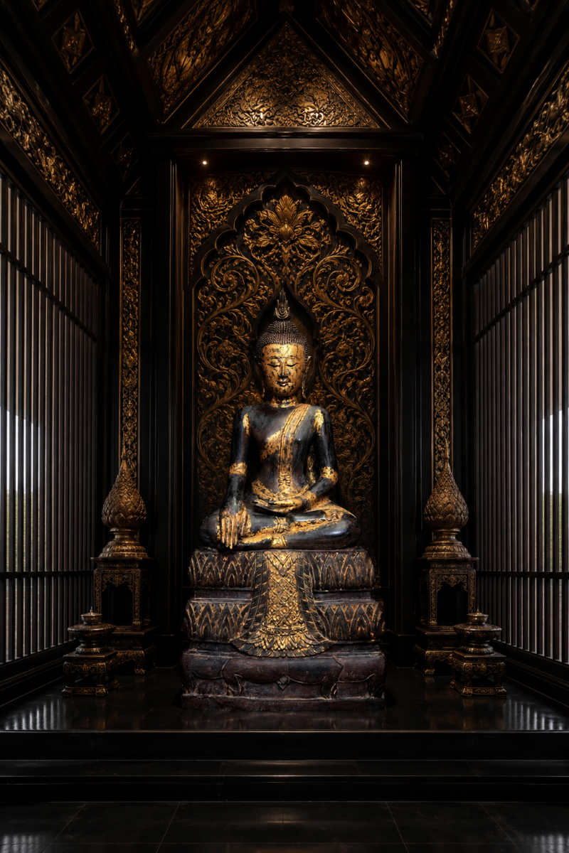 A dark wood seated Buddha statue with gold-leaf accents, depicted in the Earth-Touching posture (Bhumisparsha Mudra) atop a decorative stepped pedestal. The statue is centered inside a grand, dark-wood shrine featuring vaulted ceilings, intricate golden carved backdrop panels, and flanking wooden decorative spires, illuminated by warm recessed lighting.