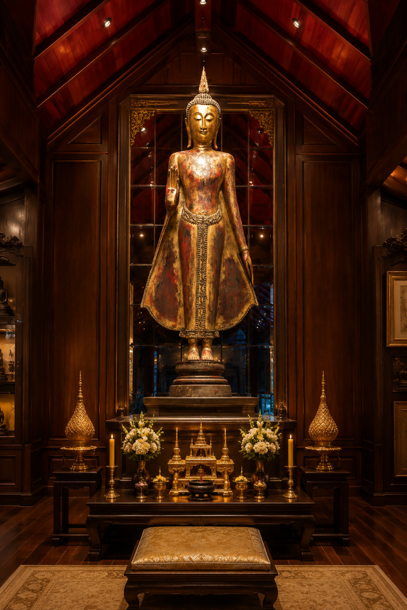 A tall, gilded standing Buddha statue inside a dark, wooden paneled shrine, positioned above an altar with floral arrangements and ceremonial offerings.