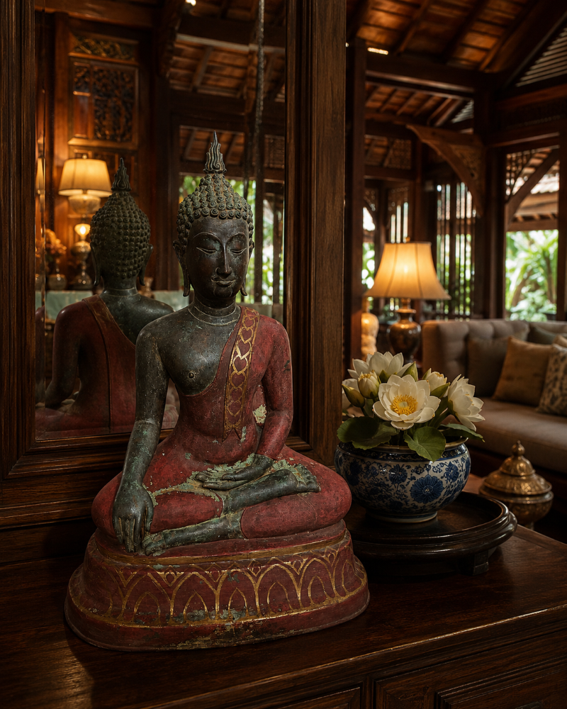 A bronze and red lacquer Thai Buddha statue seated in meditation on a wooden table